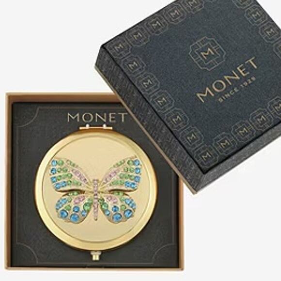 MONET Compact Mirror Butterfly Gold Tone Rhinestone New in Box - Picture 2 of 5